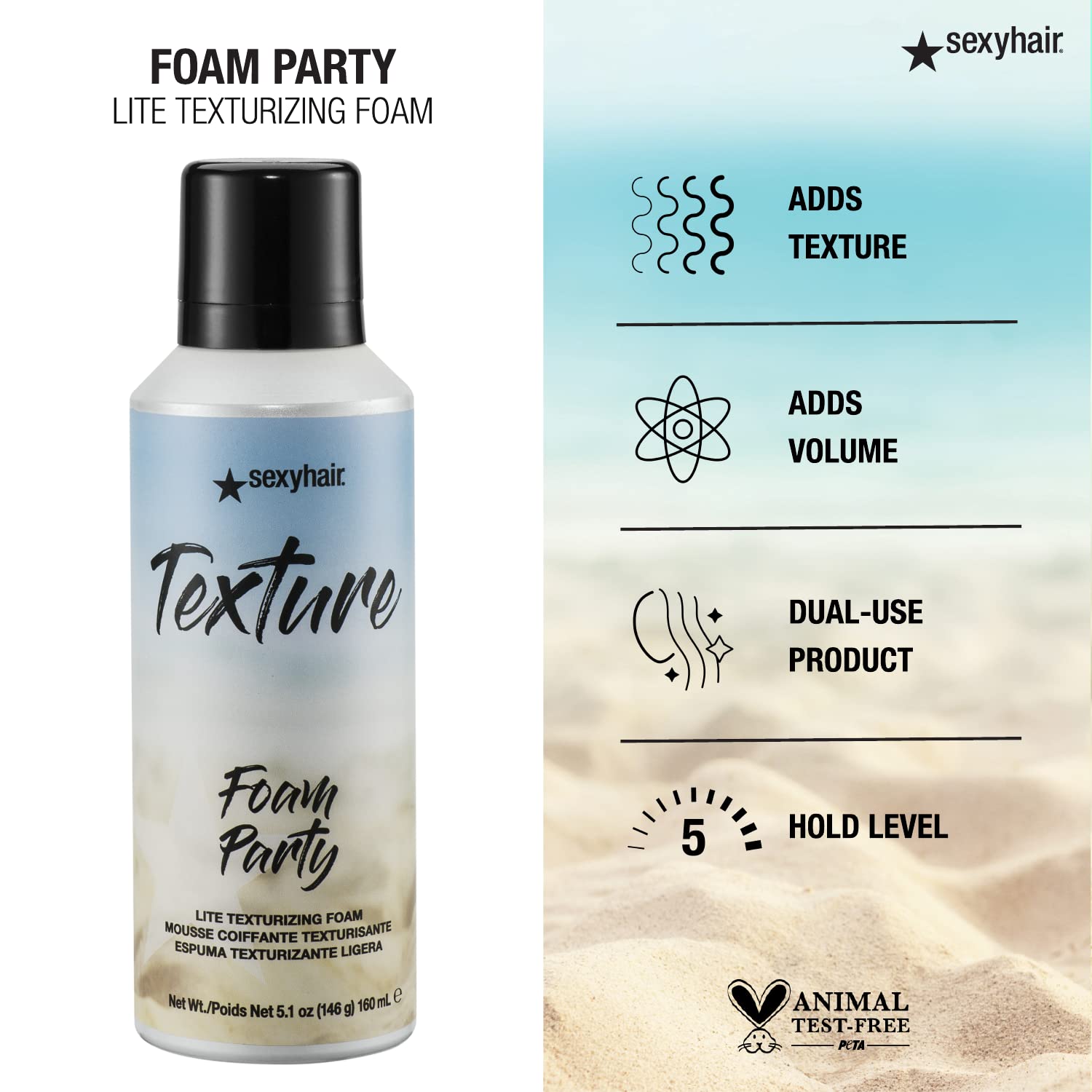 SexyHair can held next to hand showing 5.2 oz size and travel-friendly benefit