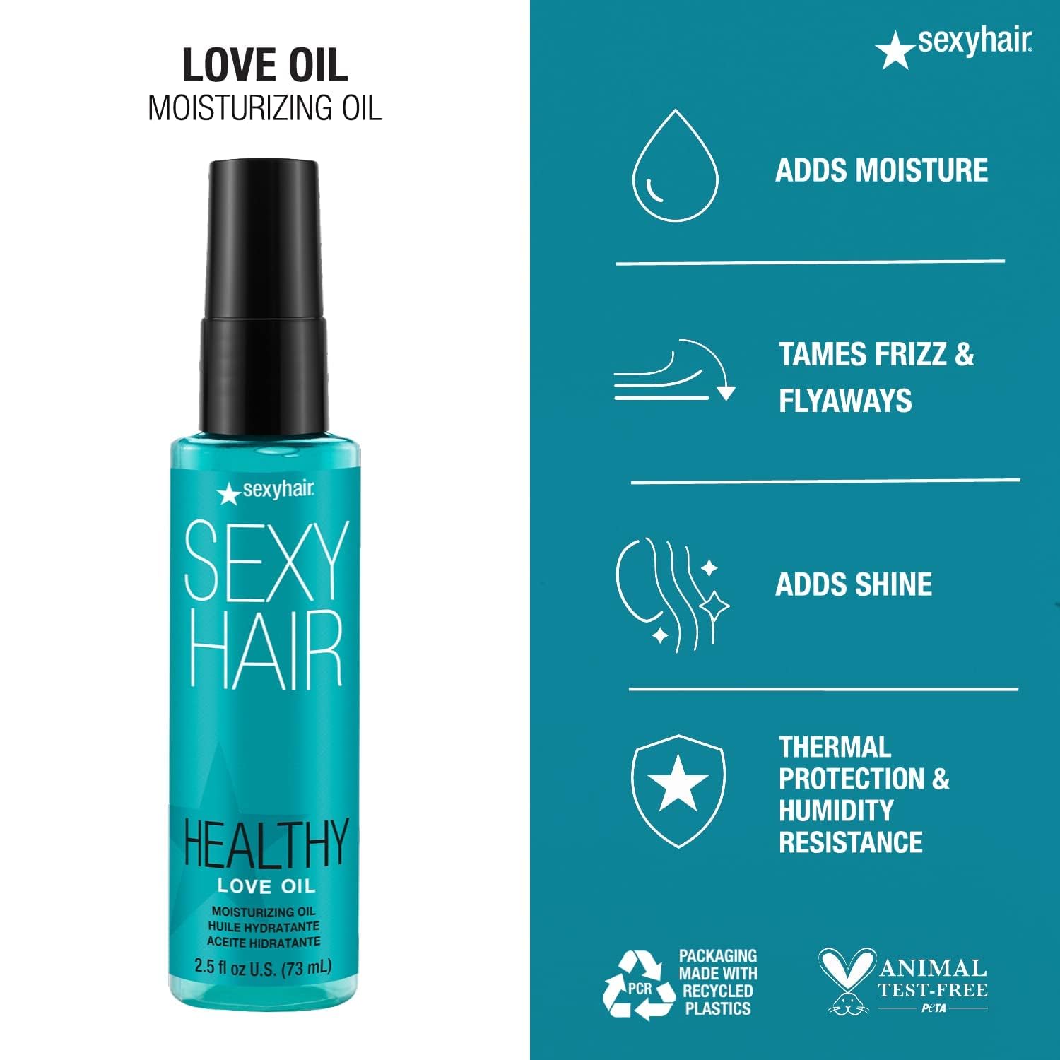 SexyHair Healthy Love Oil pump and cap close-up highlighting easy dispensing benefit