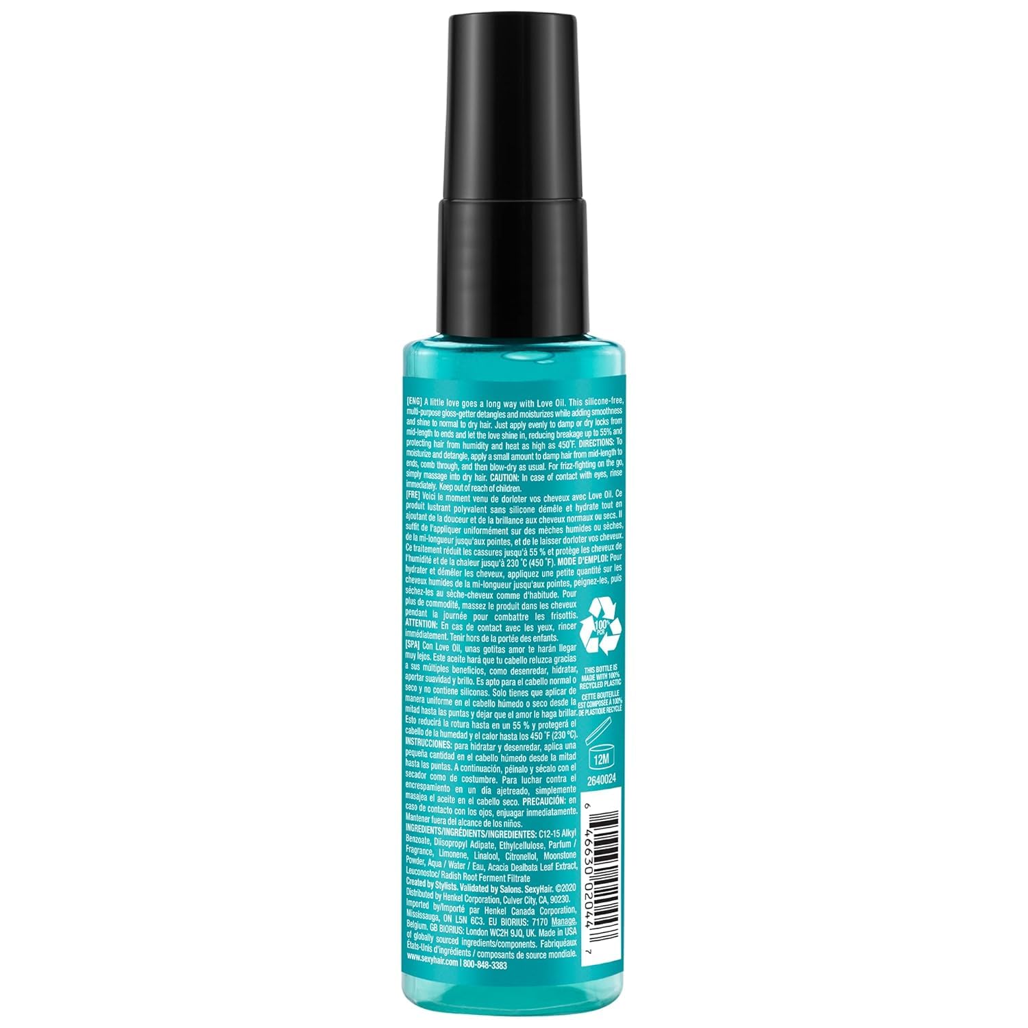 SexyHair Healthy Love Oil next to common items showing 2.5 oz travel-friendly benefit