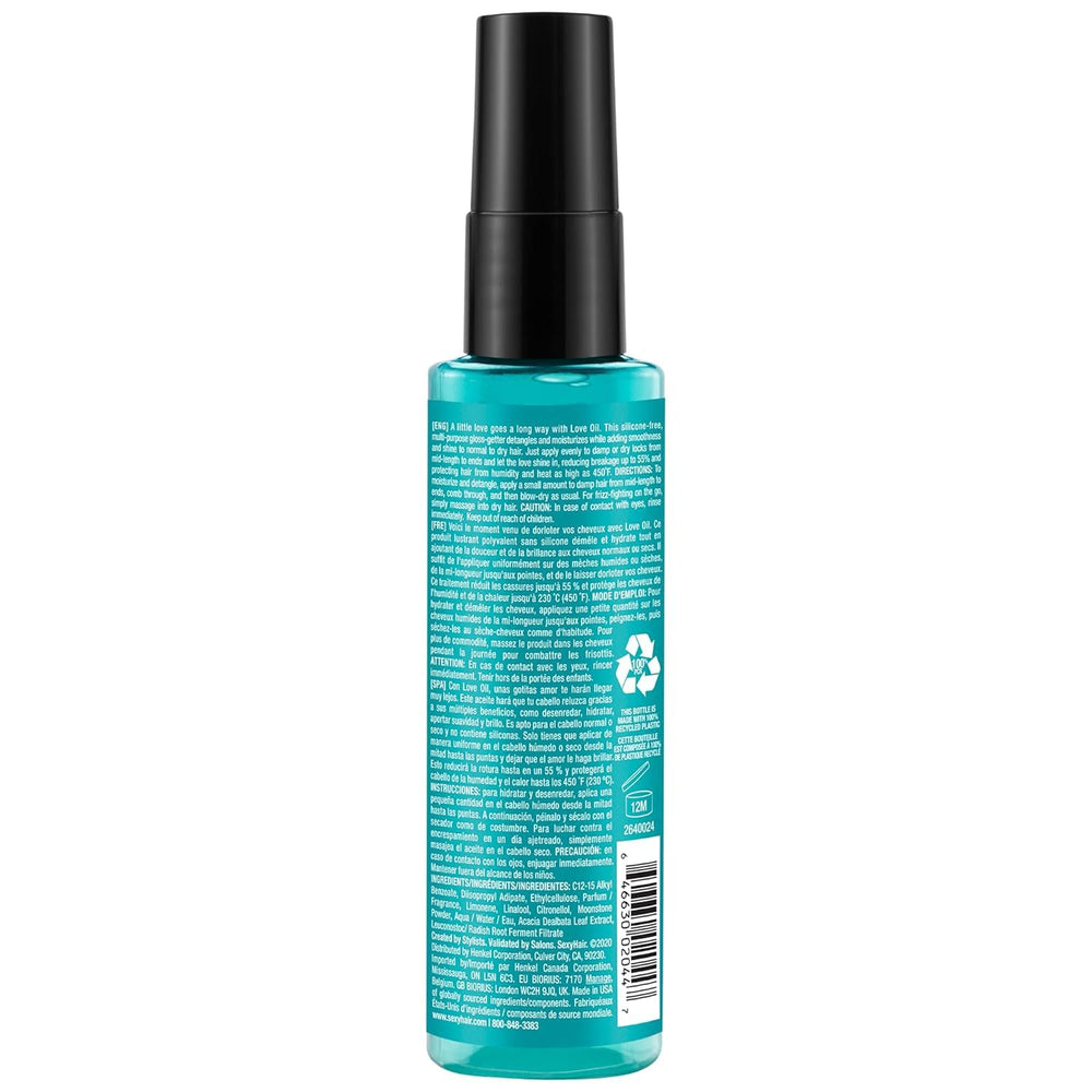 SexyHair Healthy Love Oil next to common items showing 2.5 oz travel-friendly benefit