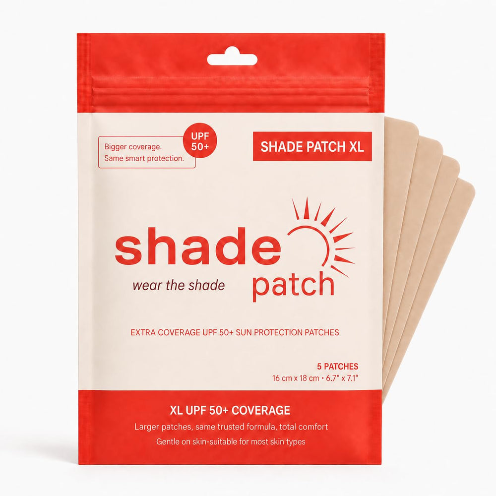 Shade Patch front packaging showing five XL sun patches and benefits