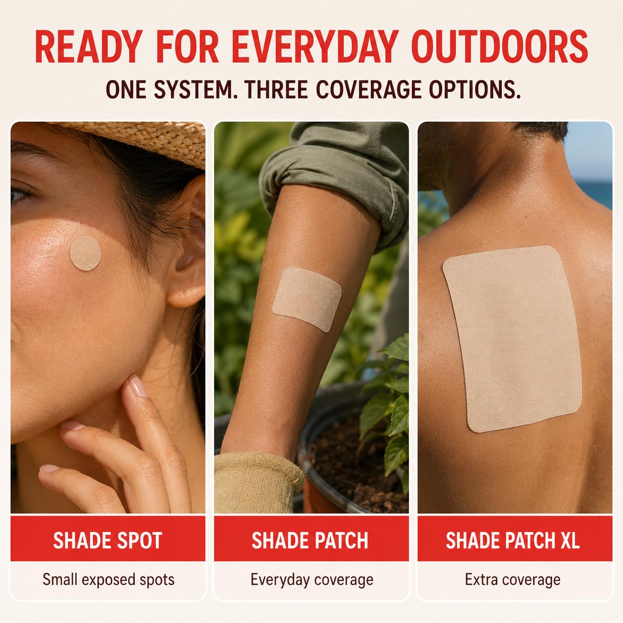 Shade Patch worn at beach showing sun protection without sunscreen mess