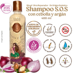 SHAEIO onion shampoo pump bottle close-up illustrating nourishing argan oil benefit