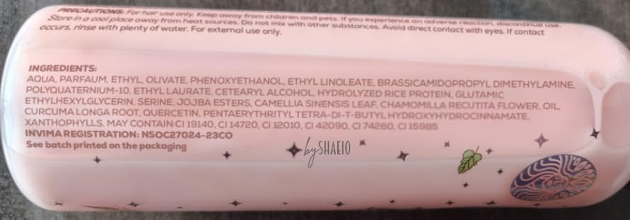 SHAEIO label details showing ingredients and alcohol-free benefit