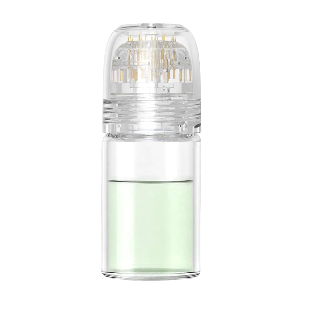 shake beauty front view of applicator and glass vial showing portability and convenience