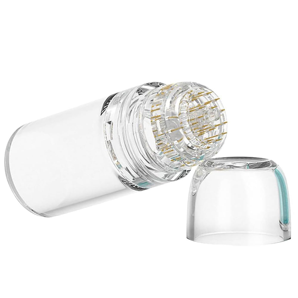 shake beauty vial and stamp held in hand demonstrating easy one-handed application