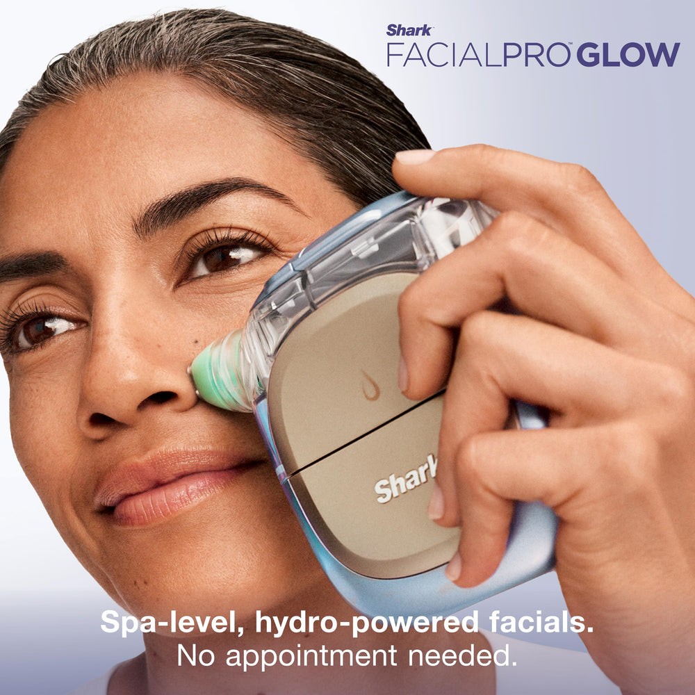 Shark device beside Derm Detox and Hydro Infuse serums, showing complete kit benefit