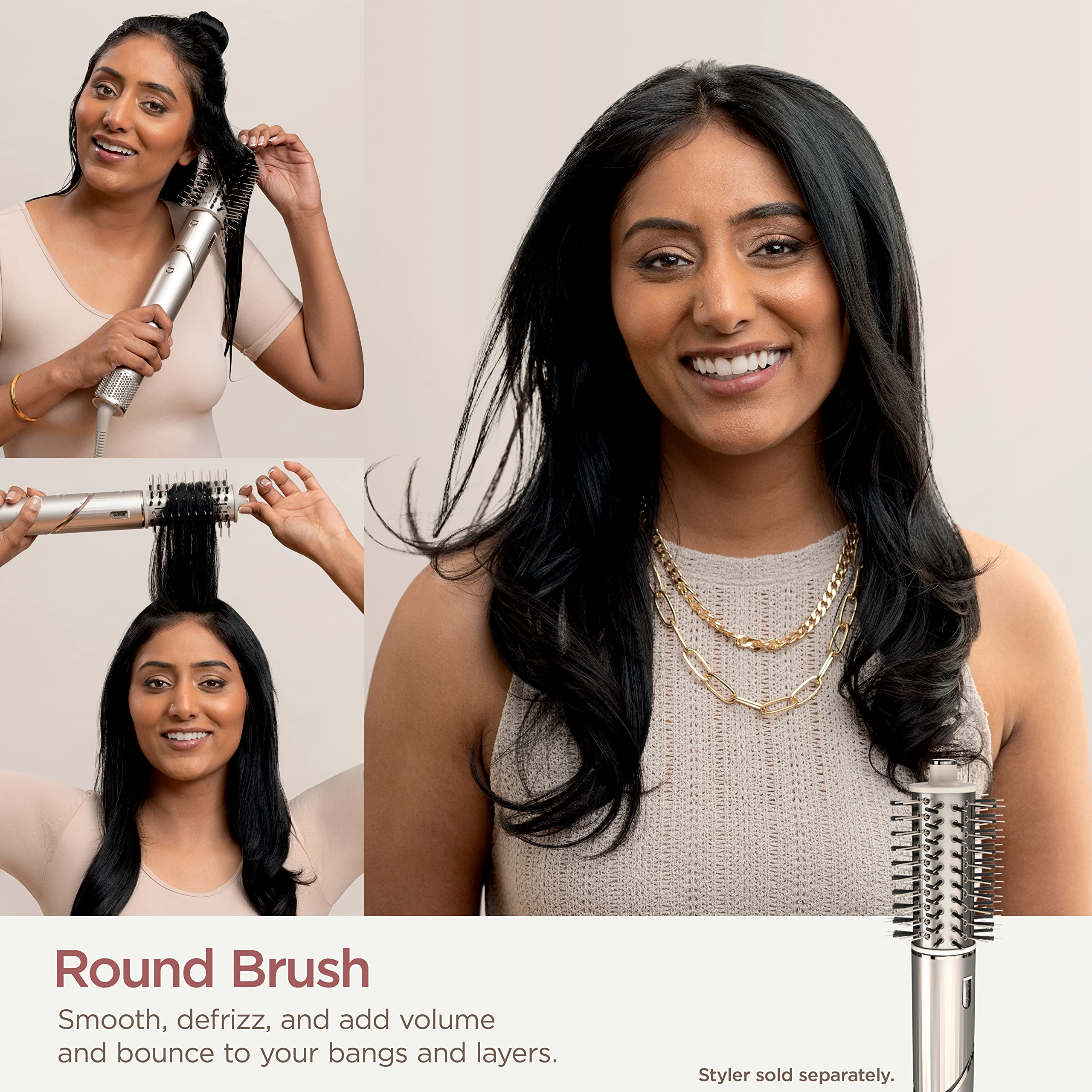 Shark FlexStyle round brush on bathroom vanity demonstrating easy at-home styling
