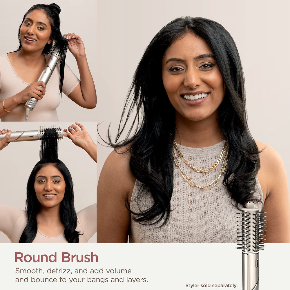 Shark FlexStyle round brush on bathroom vanity demonstrating easy at-home styling