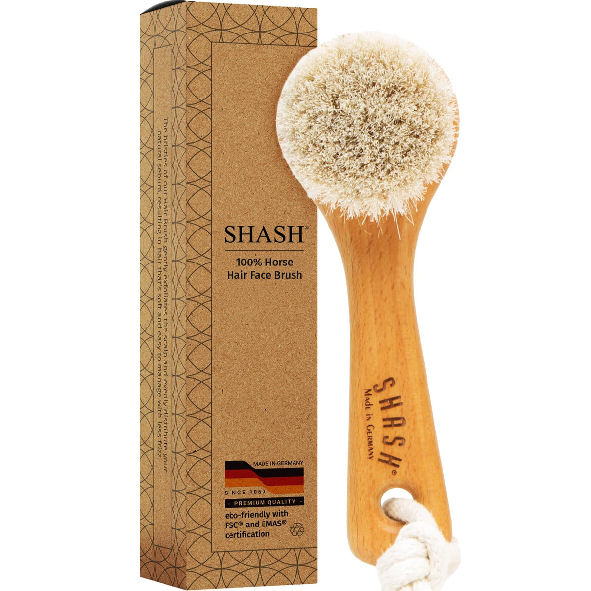 SHASH front view showing brush and packaging, highlights handcrafted quality