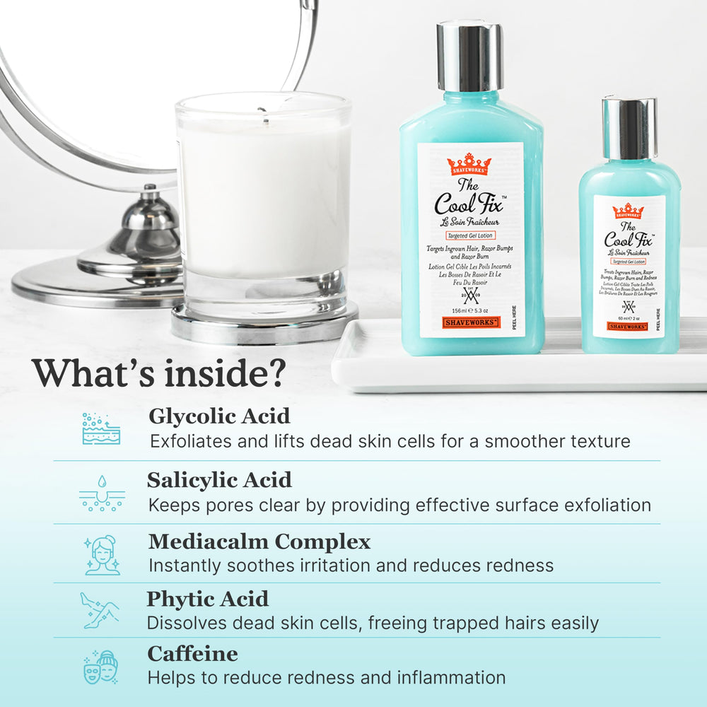 Shaveworks applied to bikini area illustrating soothing post‑shave relief