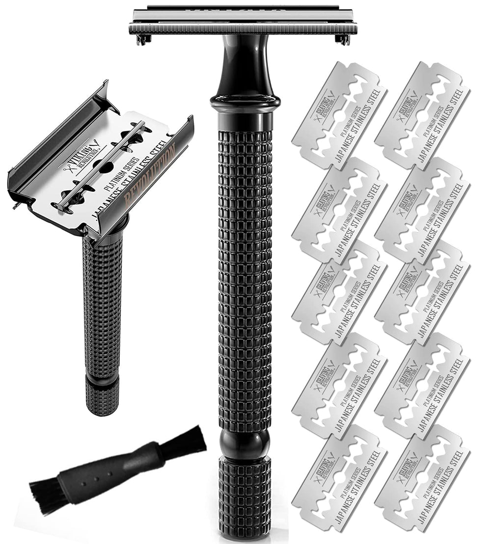SHAVING REVOLUTION razor front view showing sleek stainless-steel durability