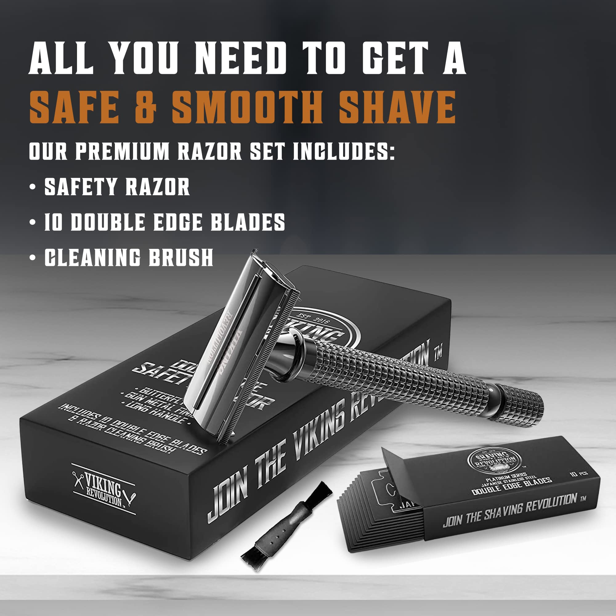 SHAVING REVOLUTION close-up of razor head showing secure blade alignment benefit