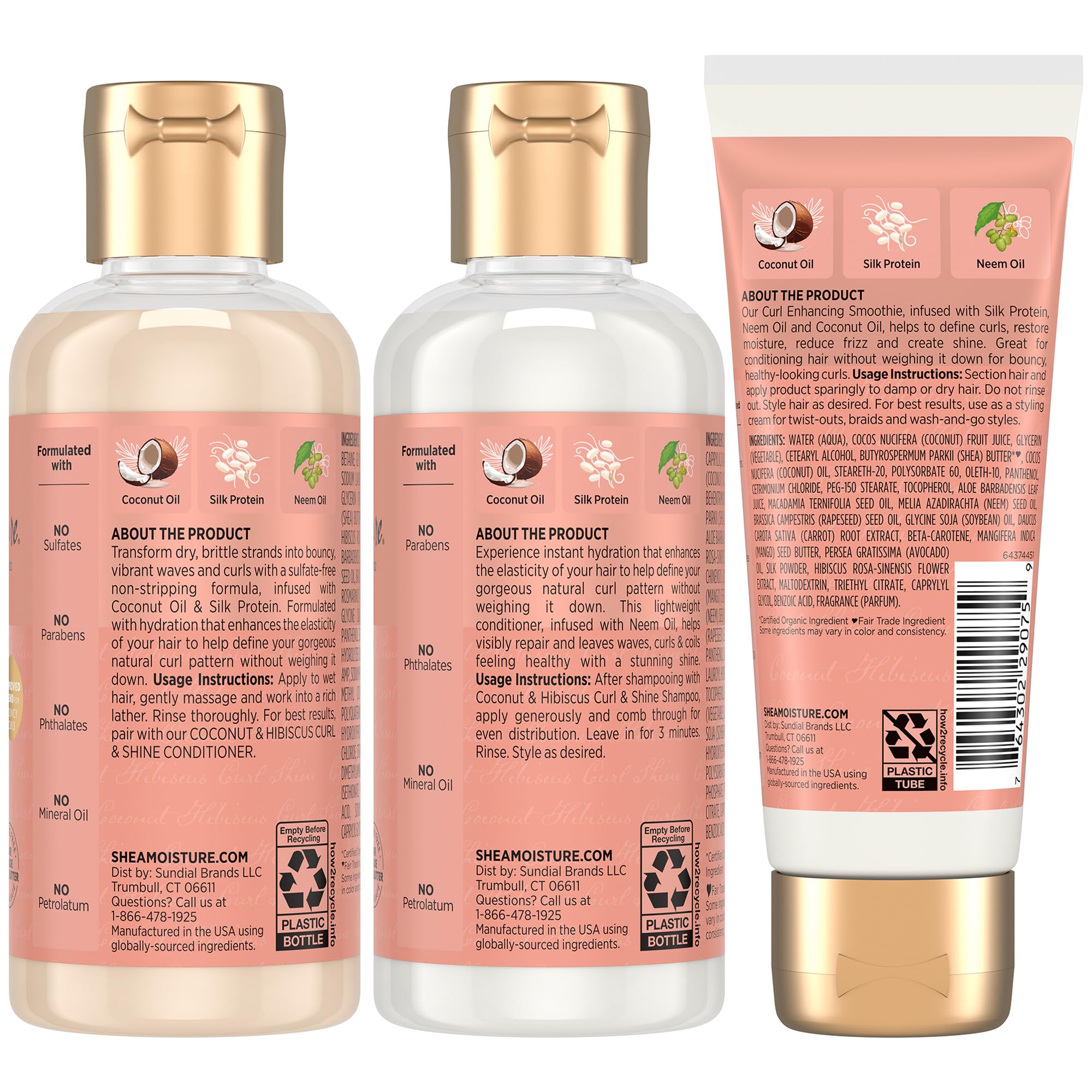 Shea Moisture bottle label closeup highlighting coconut and hibiscus formula benefits