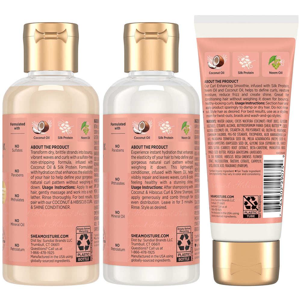 Shea Moisture bottle label closeup highlighting coconut and hibiscus formula benefits