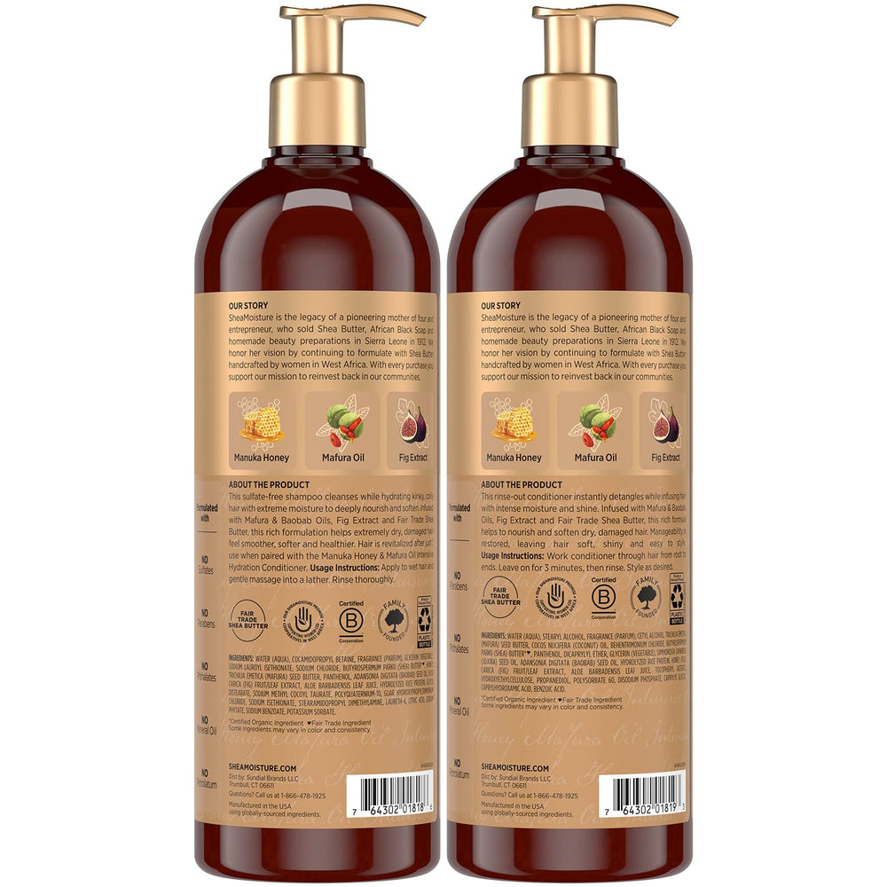 SheaMoisture label close-up highlighting manuka honey and mafura oil ingredients for shine