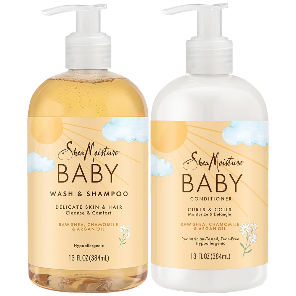 SheaMoisture front packaging of baby care set shows both bottles and benefits