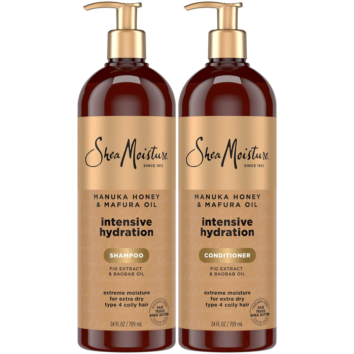 SheaMoisture front packaging showing full shampoo and conditioner set, clear hydration benefit