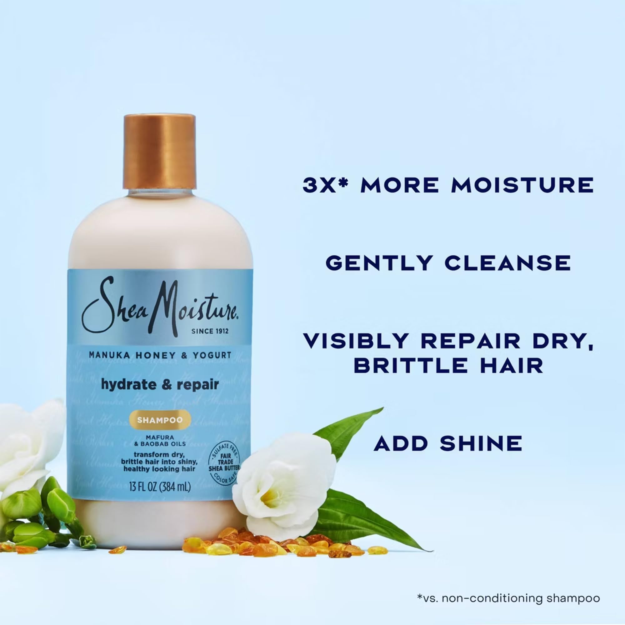 SheaMoisture ingredients panel with Manuka honey and Baobab oil benefits