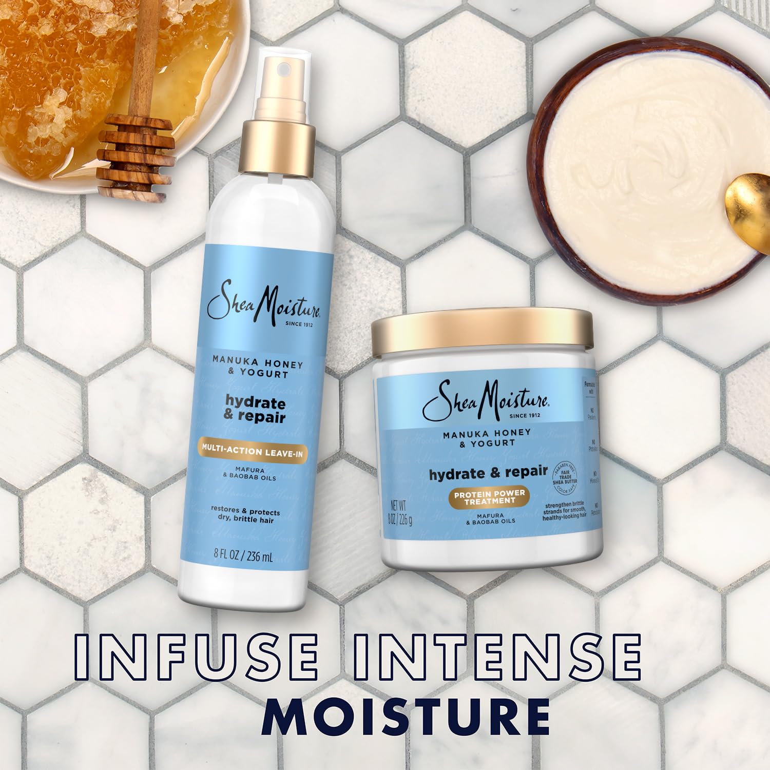 SheaMoisture leave-in spray bottle detail showing easy application benefit