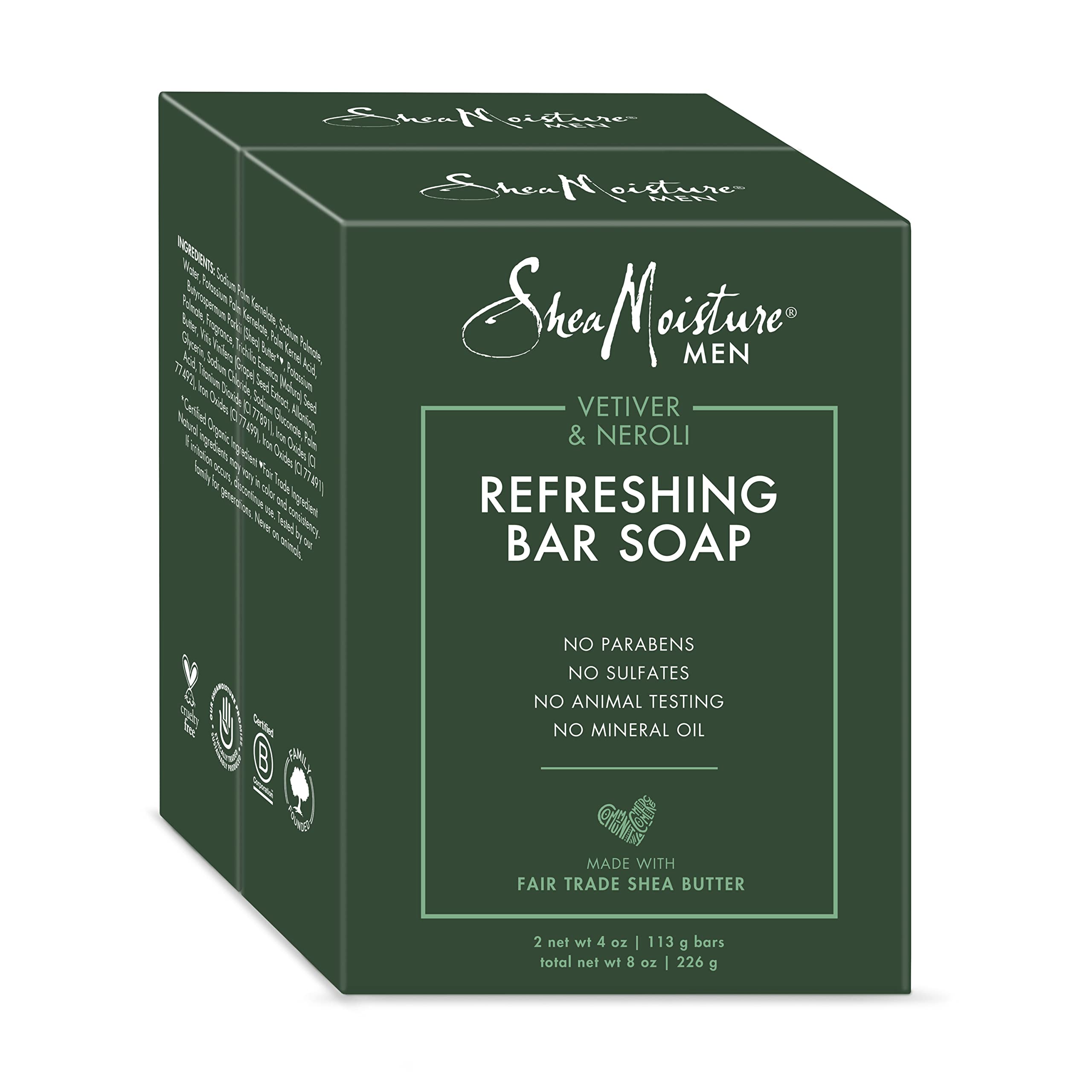 SheaMoisture bar soap front packaging showing scent and two-bar benefit