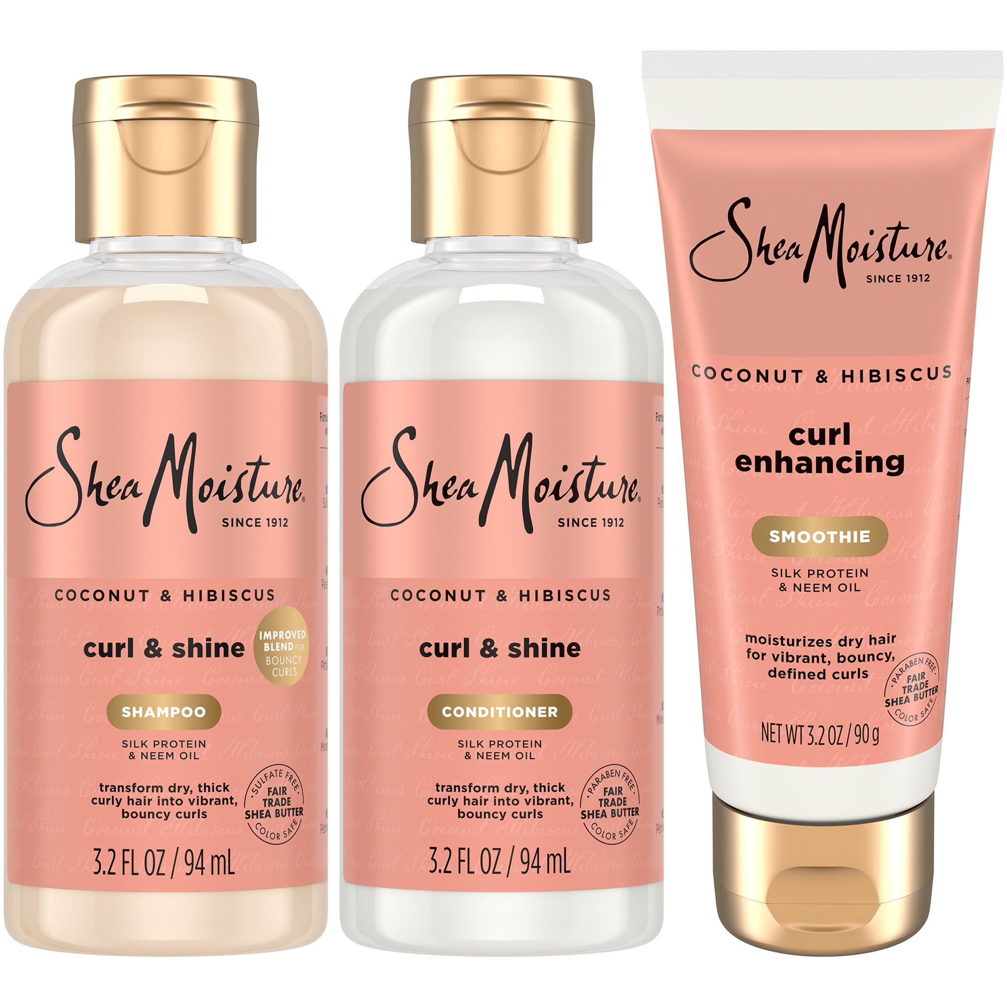 Shea Moisture travel trio front packaging showing compact shampoo conditioner and curl smoothie benefits