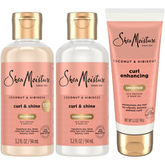 Shea Moisture travel trio front packaging showing compact shampoo conditioner and curl smoothie benefits