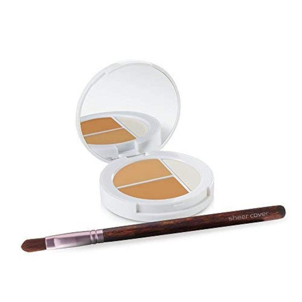 Sheer Cover compact front view showing trio and free brush benefit convenience