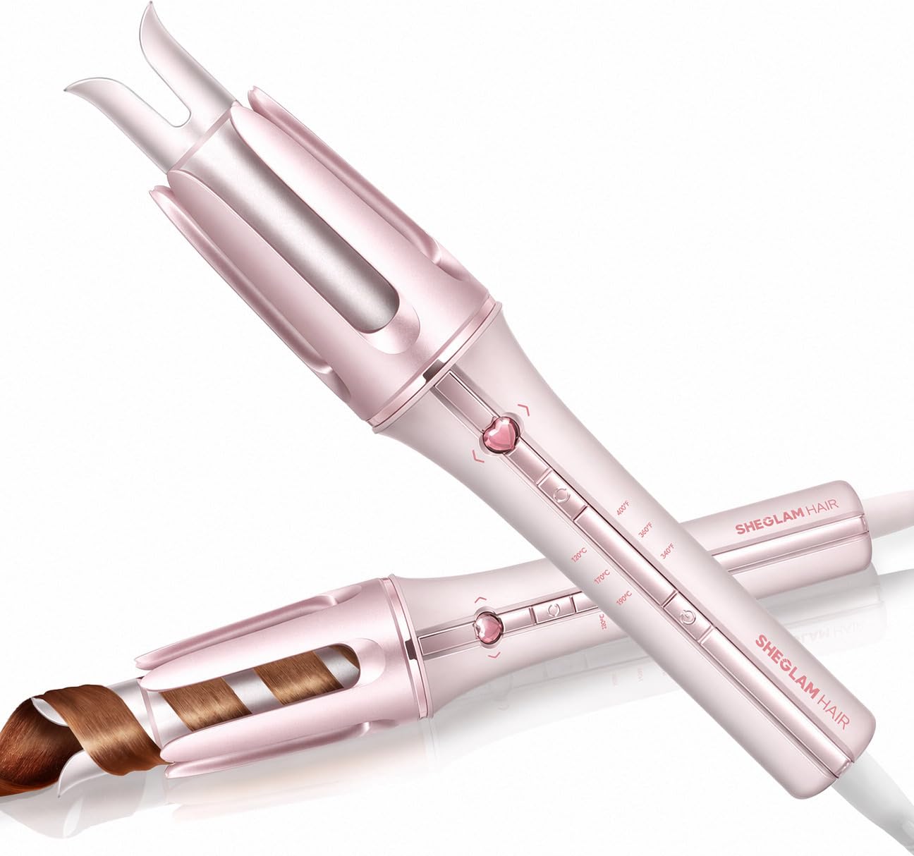 SHEGLAM front view of pink automatic curling iron, easy-grip advantage