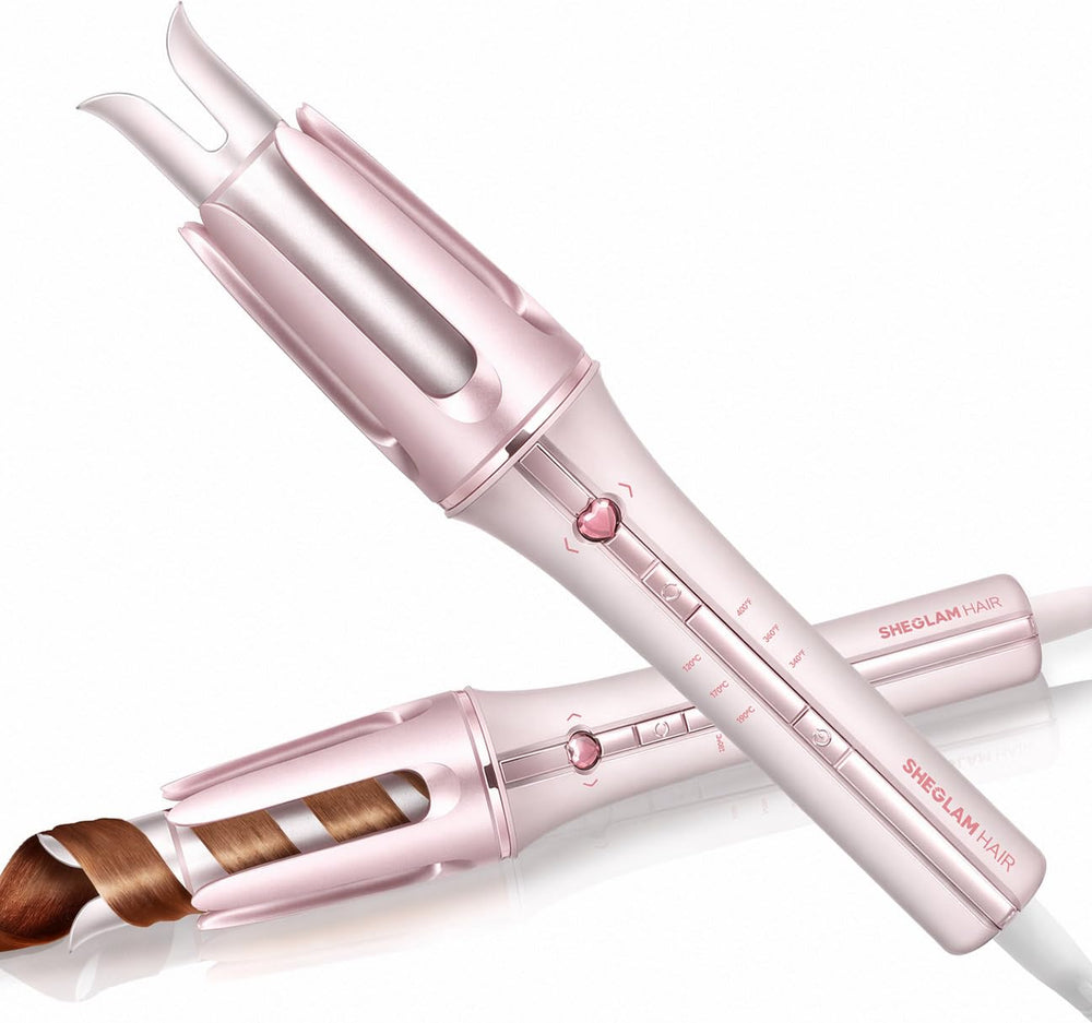 SHEGLAM front view of pink automatic curling iron, easy-grip advantage