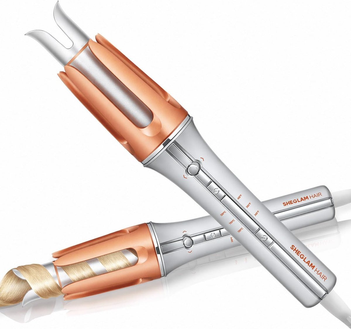 SHEGLAM front view of orange curling iron showing compact design and portability benefit