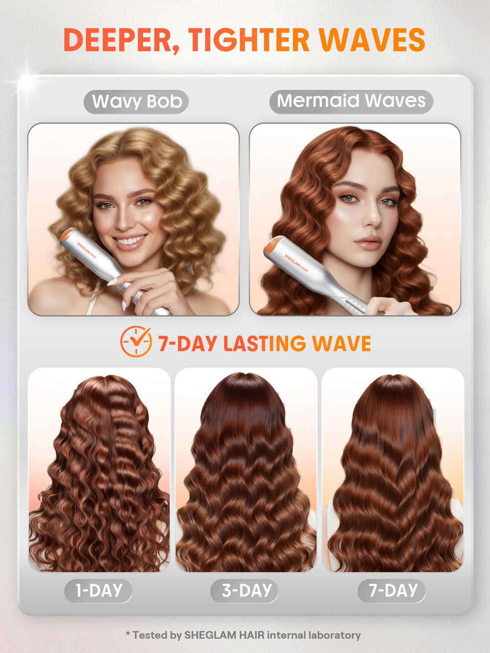 SHEGLAM styling on short hair demonstrating tight waves and quick results benefit
