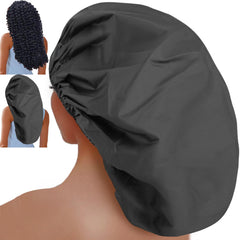 SHEOMERN front packaging showing three black jumbo shower caps protecting hair