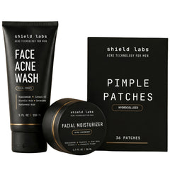 Shield front packaging showing complete two-month acne kit and benefits