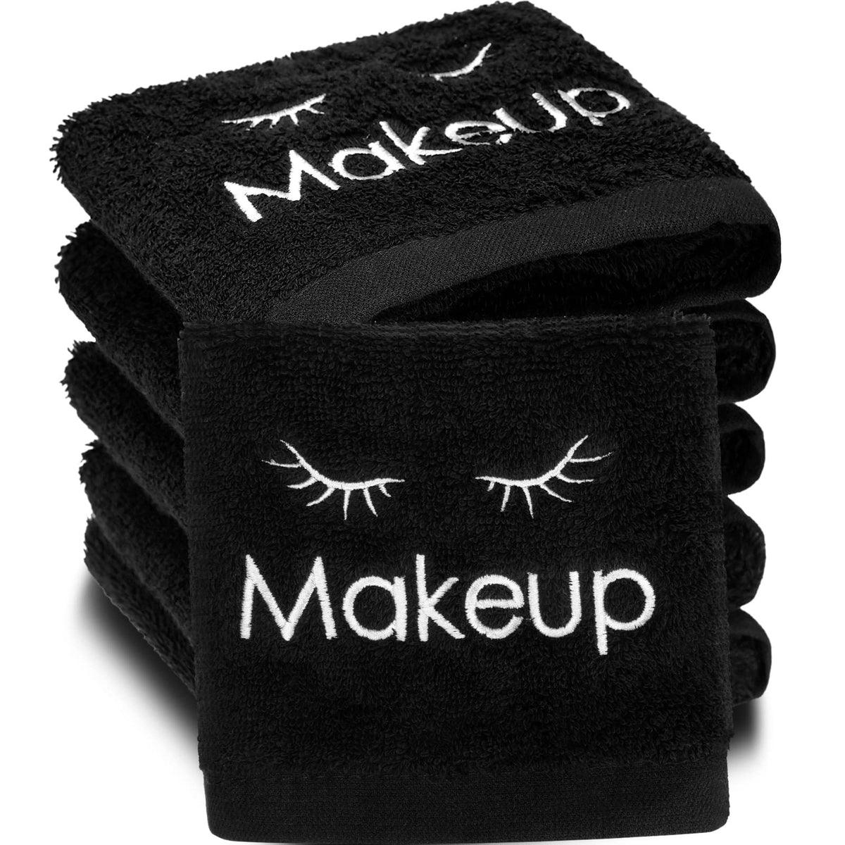 Shimeyao front pack showing 12 black makeup towels, easy storage benefit