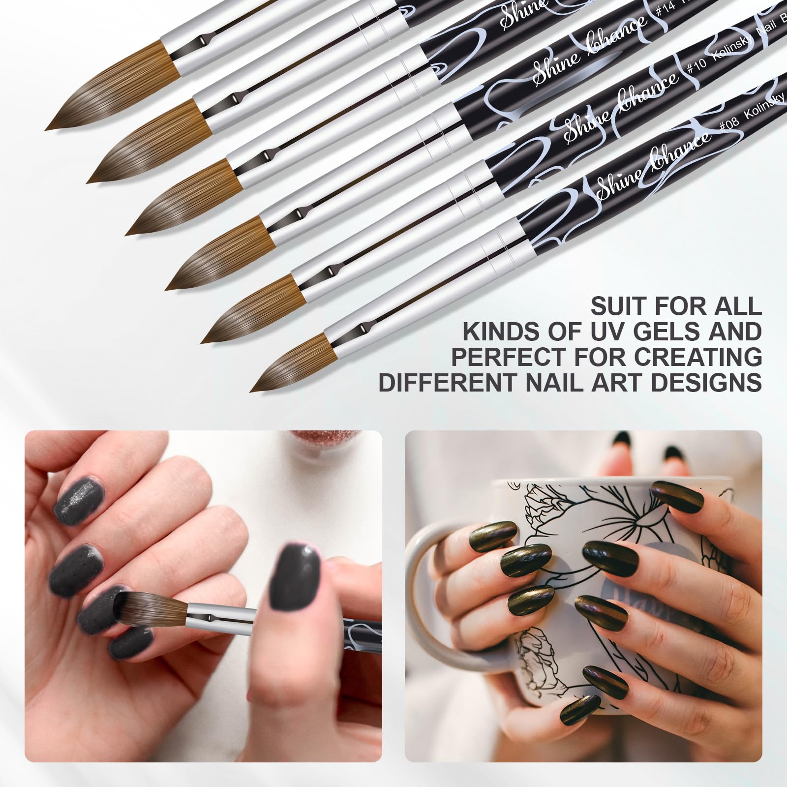 Shine Chance brush applying acrylic to nail extension, demonstrating smooth product pickup and control benefit