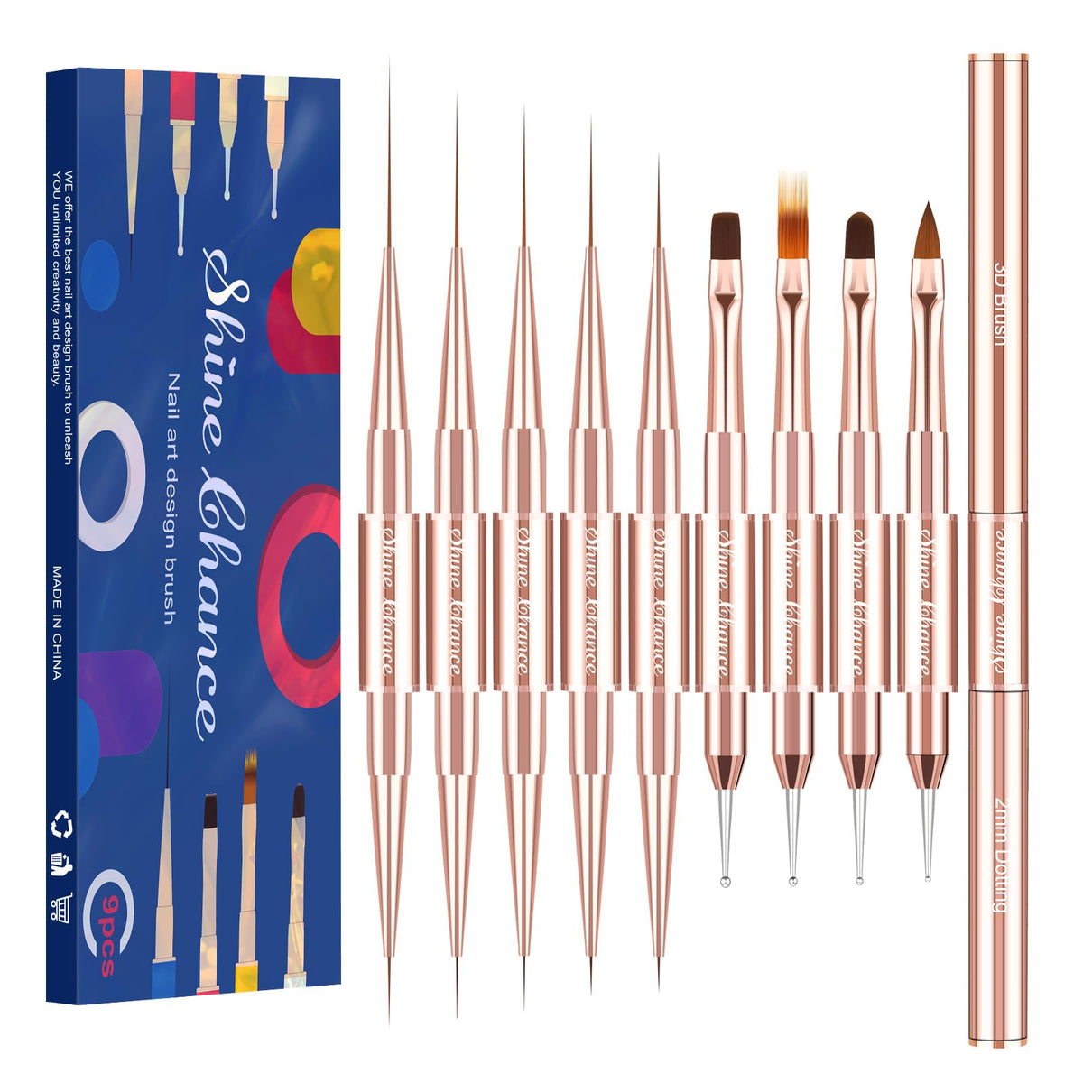 Shine Chance front packaging showing complete rosegold brush set and neat storage benefit