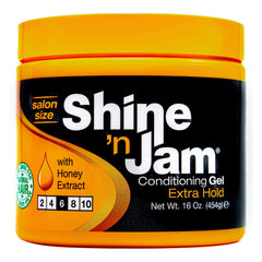 Shine 'n Jam jar front view showing label and extra-hold benefit