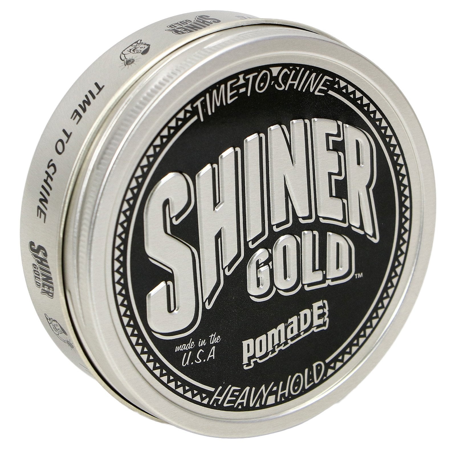 Shiner Gold Pomade front tin showing label and sleek packaging benefit: easy identification