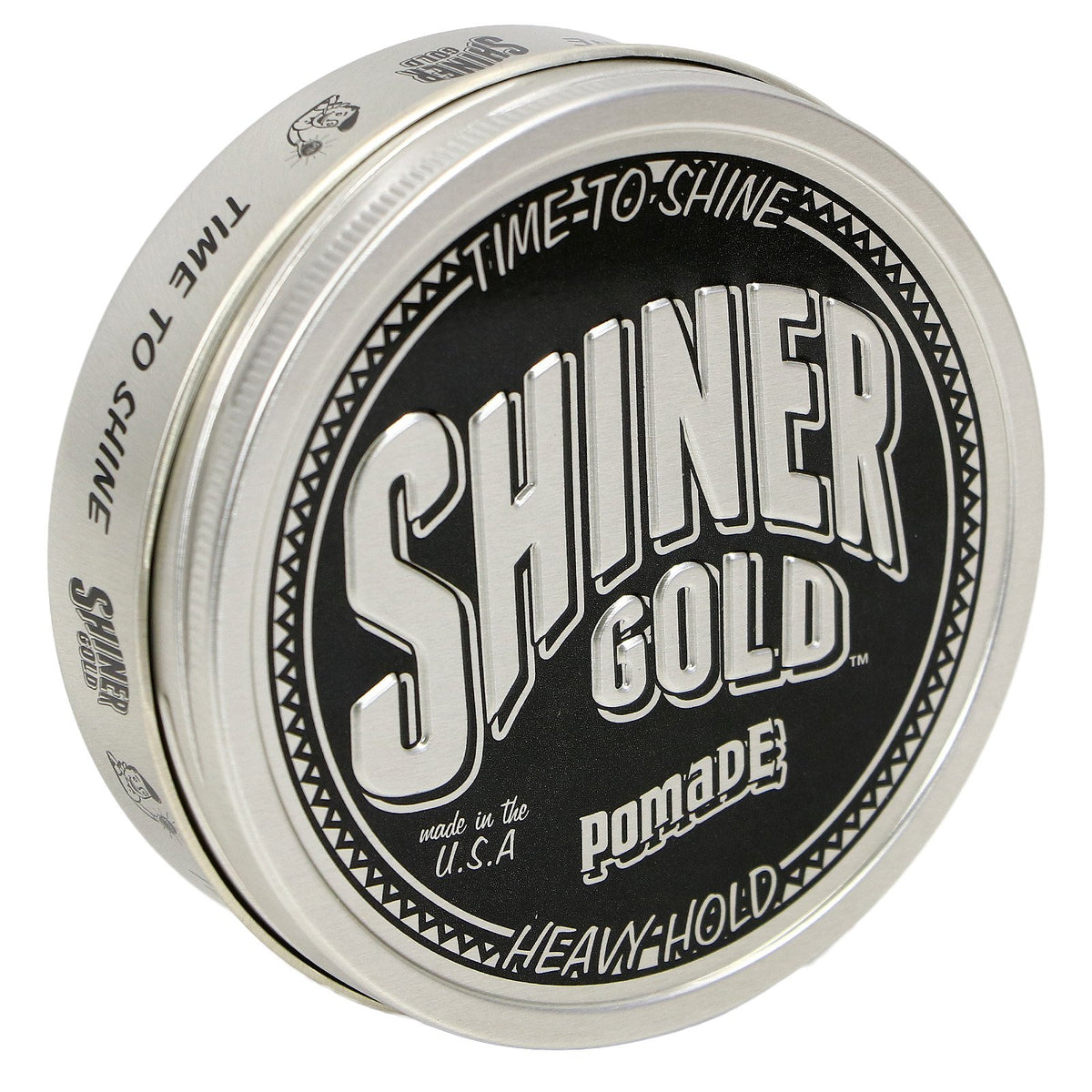 Shiner Gold Pomade front tin showing label and sleek packaging benefit: easy identification