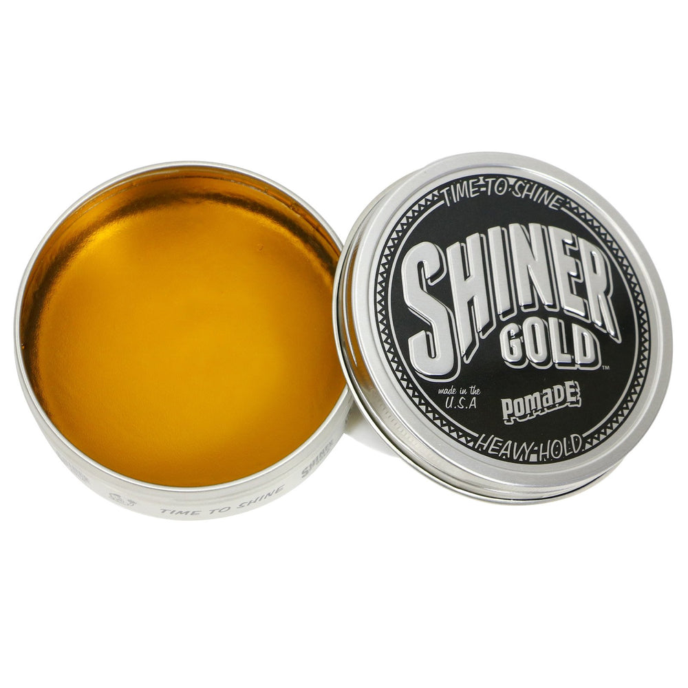 Shiner Gold Pomade applied to hair combed back demonstrating strong hold benefit: polished look