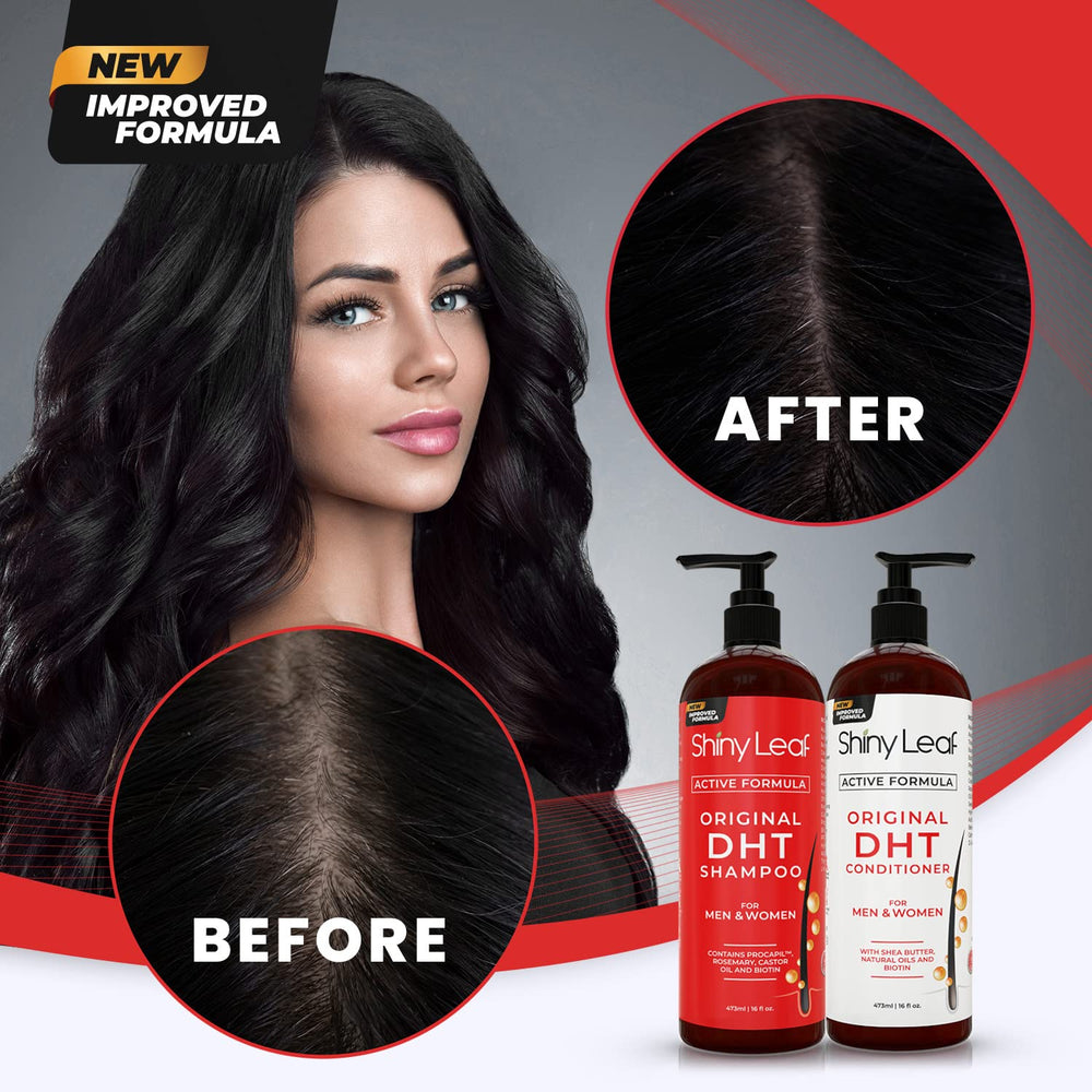 Shiny Leaf shampoo and conditioner on a bathroom shelf for lifestyle appeal