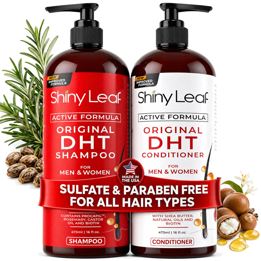 Shiny Leaf front packaging duo showing set benefits and volume
