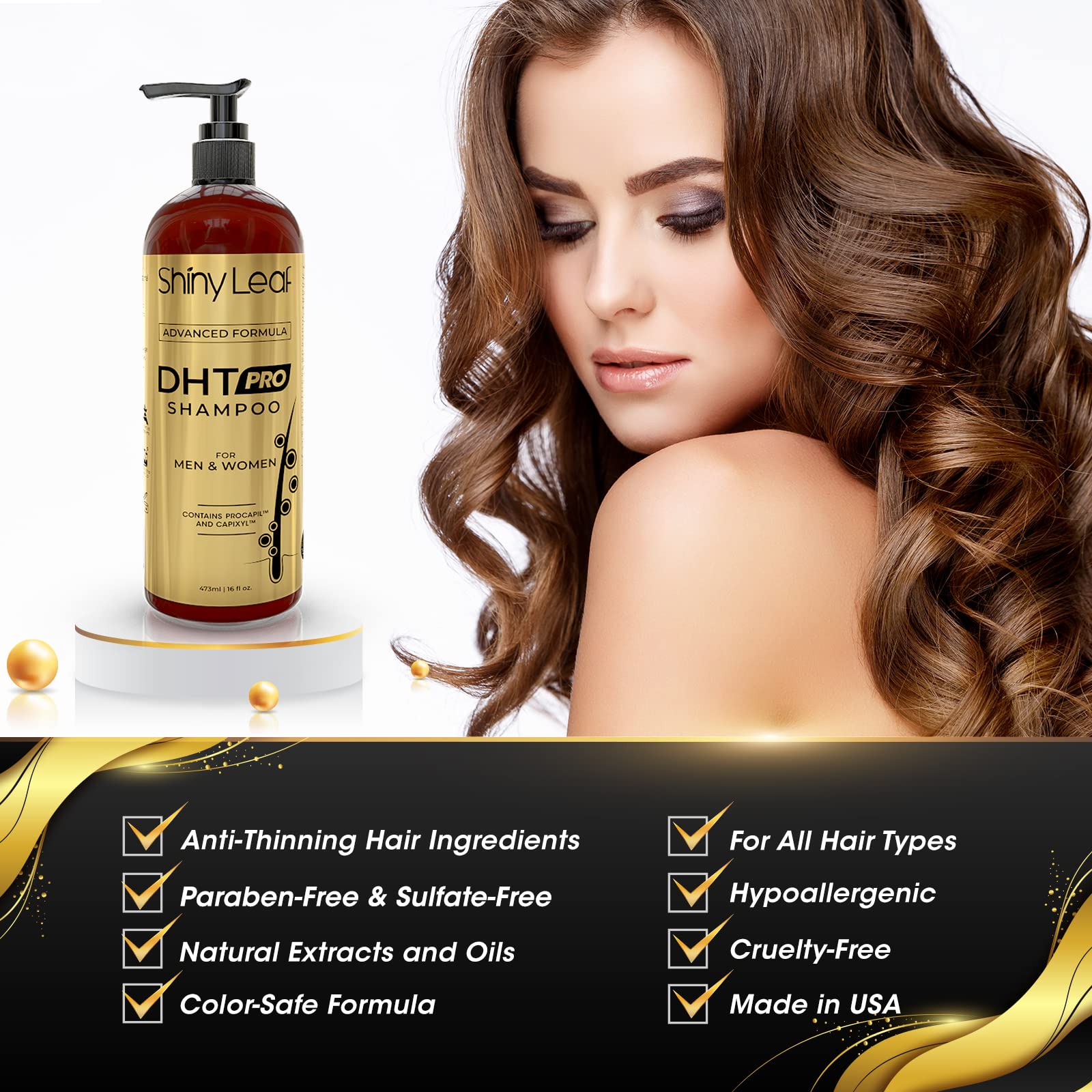 Shiny Leaf ingredient graphic focusing on Procapil and Capixyl to show targeted follicle support