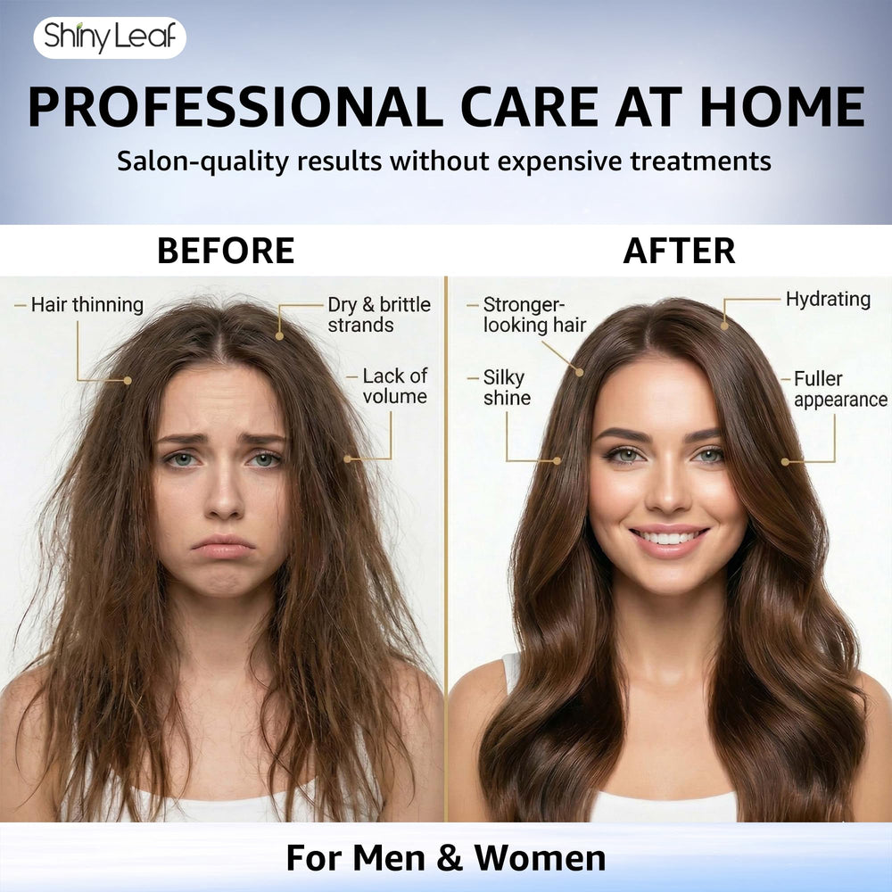 Shiny Leaf styled hair after use showcasing fuller-looking volume benefit