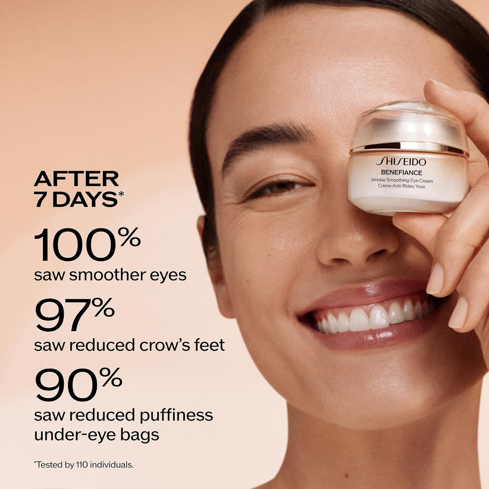 Shiseido Benefiance 15 mL next to fingers showing compact travel-friendly size