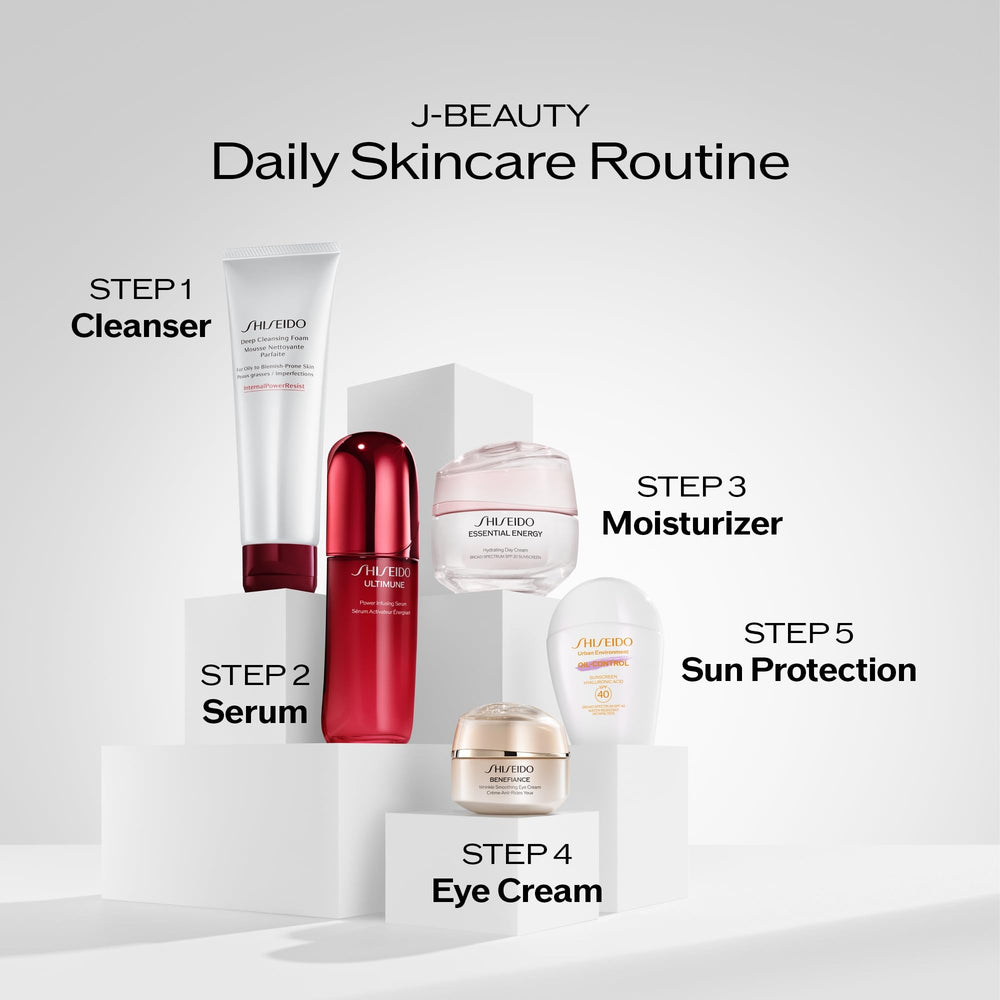 Shiseido cleanser on bathroom shelf in routine setting for daily use