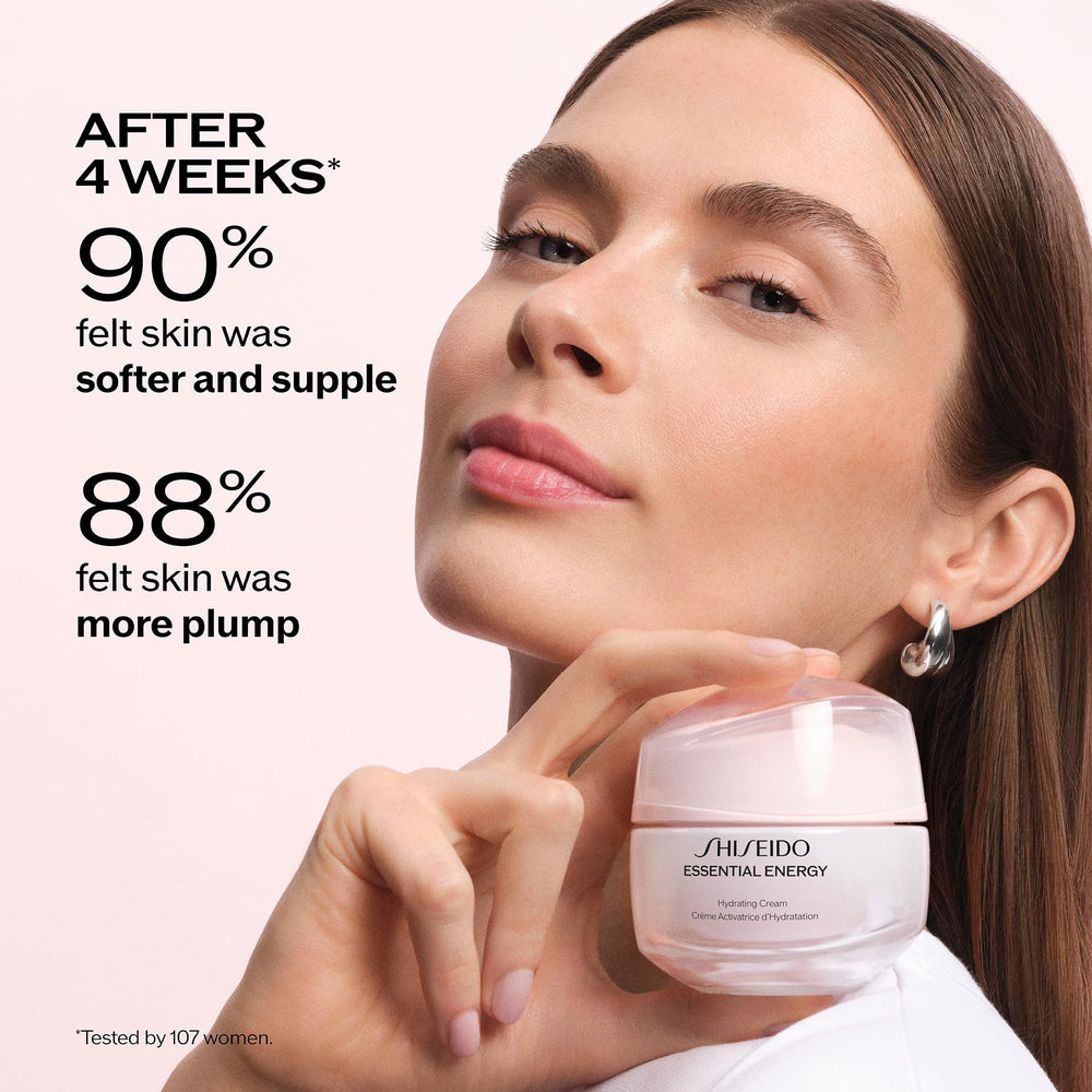 Shiseido applying cream to cheek, brand shows smooth coverage and hydration benefit