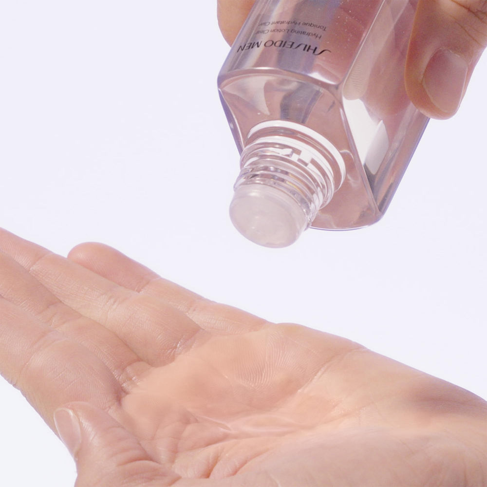 Shiseido Men hydrating lotion clear close label view highlighting key ingredients and skin-strengthening benefit