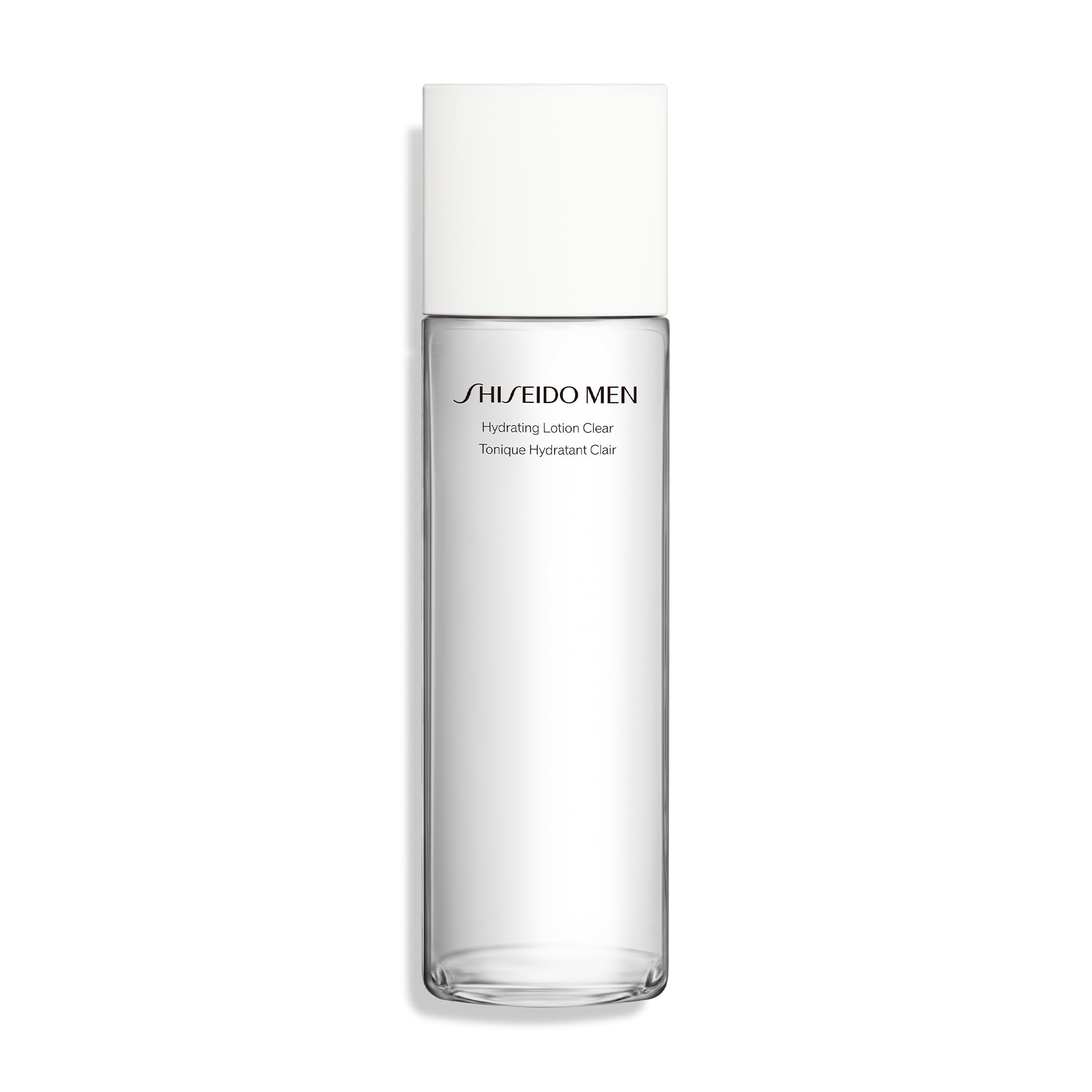 Shiseido Men hydrating lotion clear front bottle shows sleek packaging and instant hydration benefit